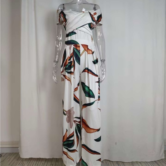 Pants - Tropical Off-Shoulder White Wide-Leg Jumpsuit